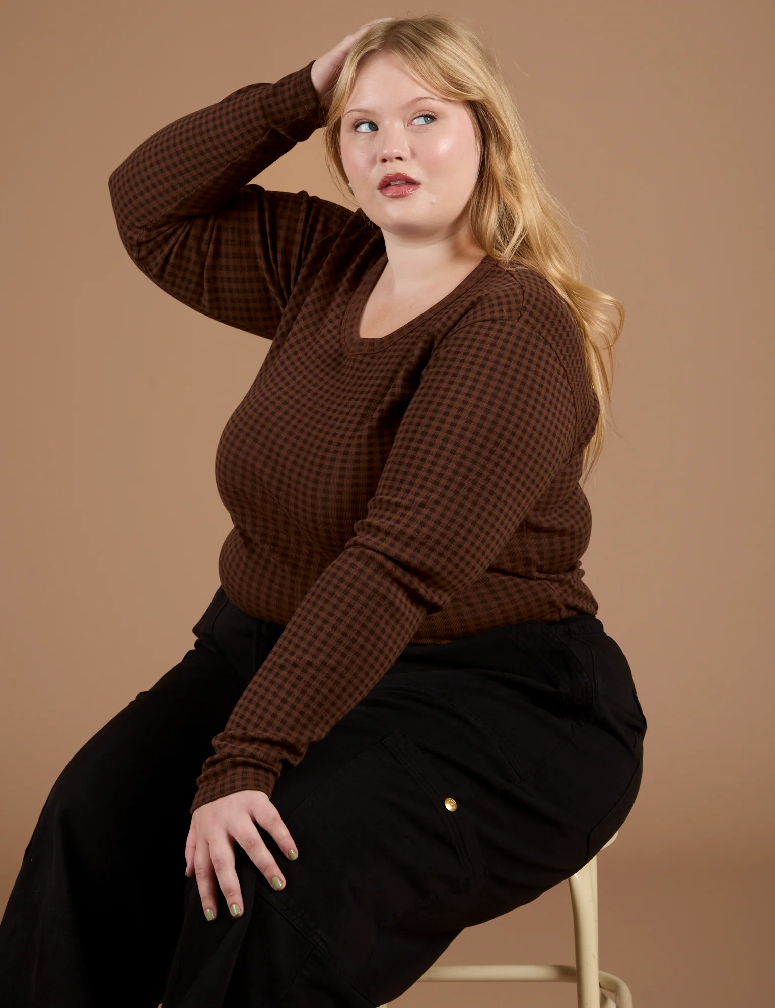 Gingham Long Sleeve Baby Tee - Fudgesicle Brown *FINAL SALE* - Image 16