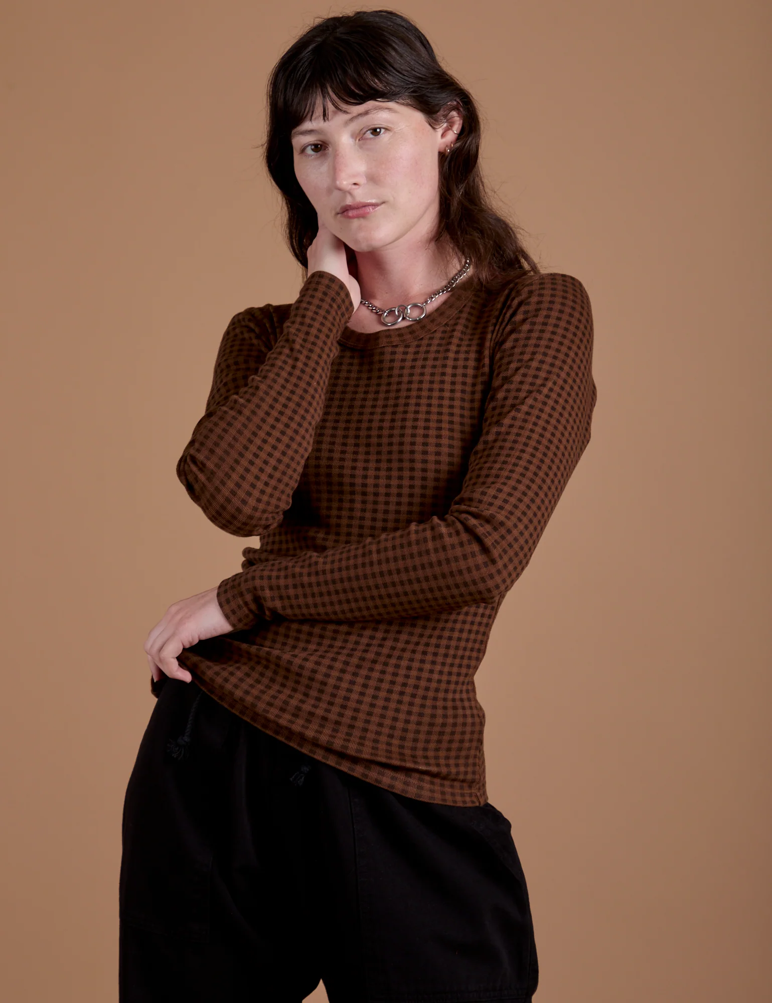 Gingham Long Sleeve Baby Tee - Fudgesicle Brown *FINAL SALE* - Image 3