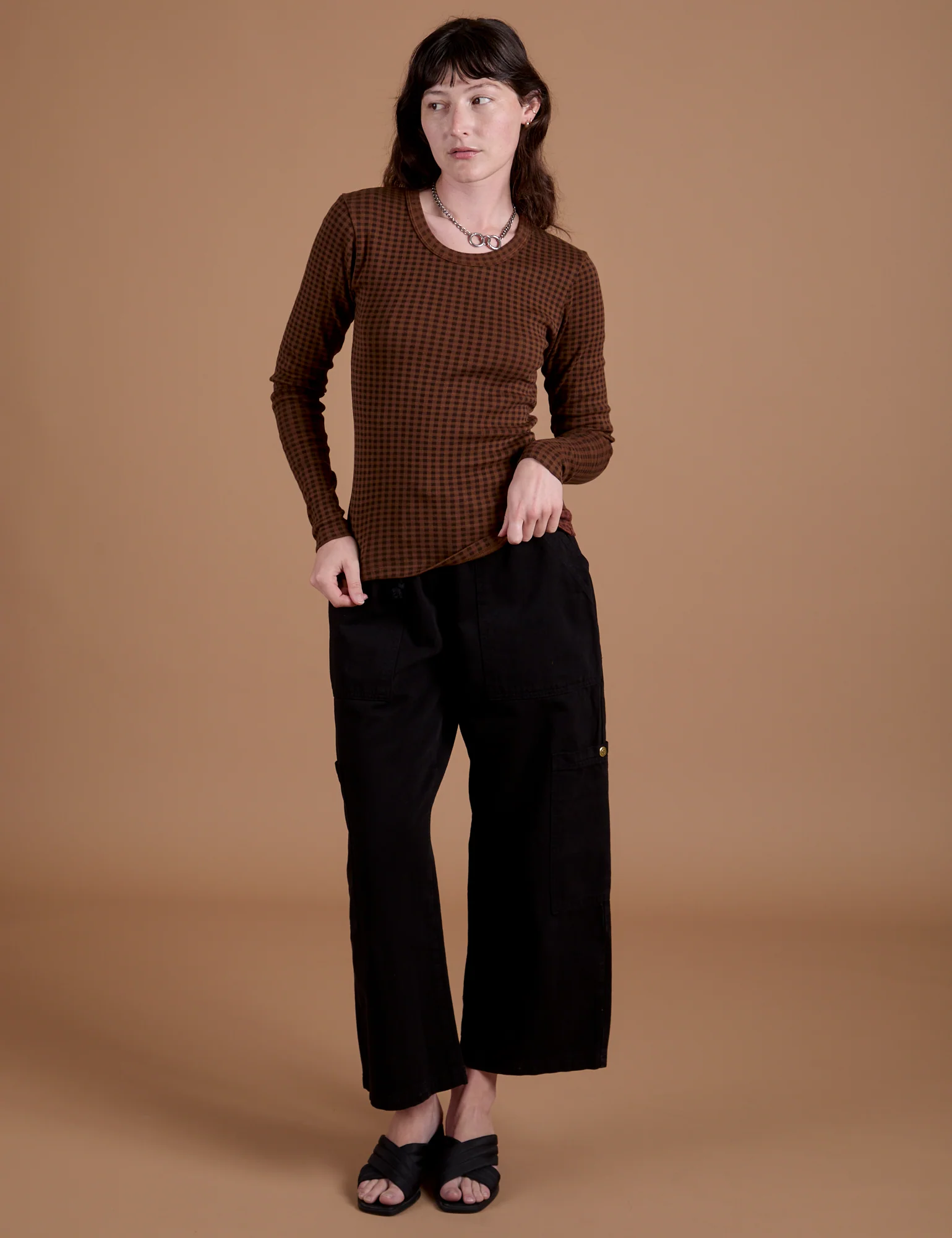 Gingham Long Sleeve Baby Tee - Fudgesicle Brown *FINAL SALE* - Image 5