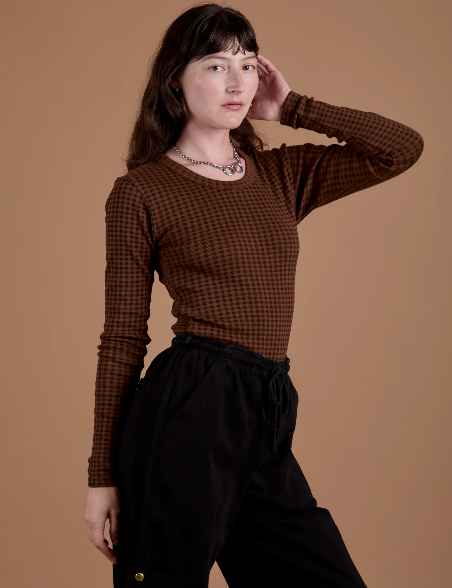 Gingham Long Sleeve Baby Tee - Fudgesicle Brown *FINAL SALE* - Image 6