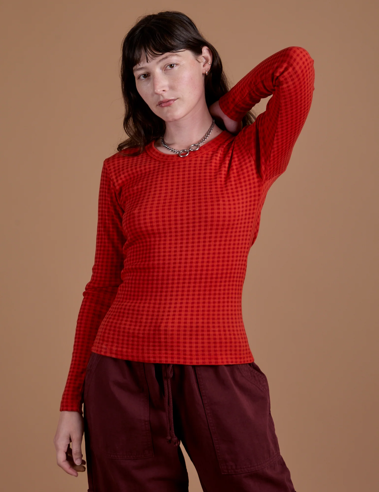 Gingham Long Sleeve Baby Tee - Mustang Red *FINAL SALE*