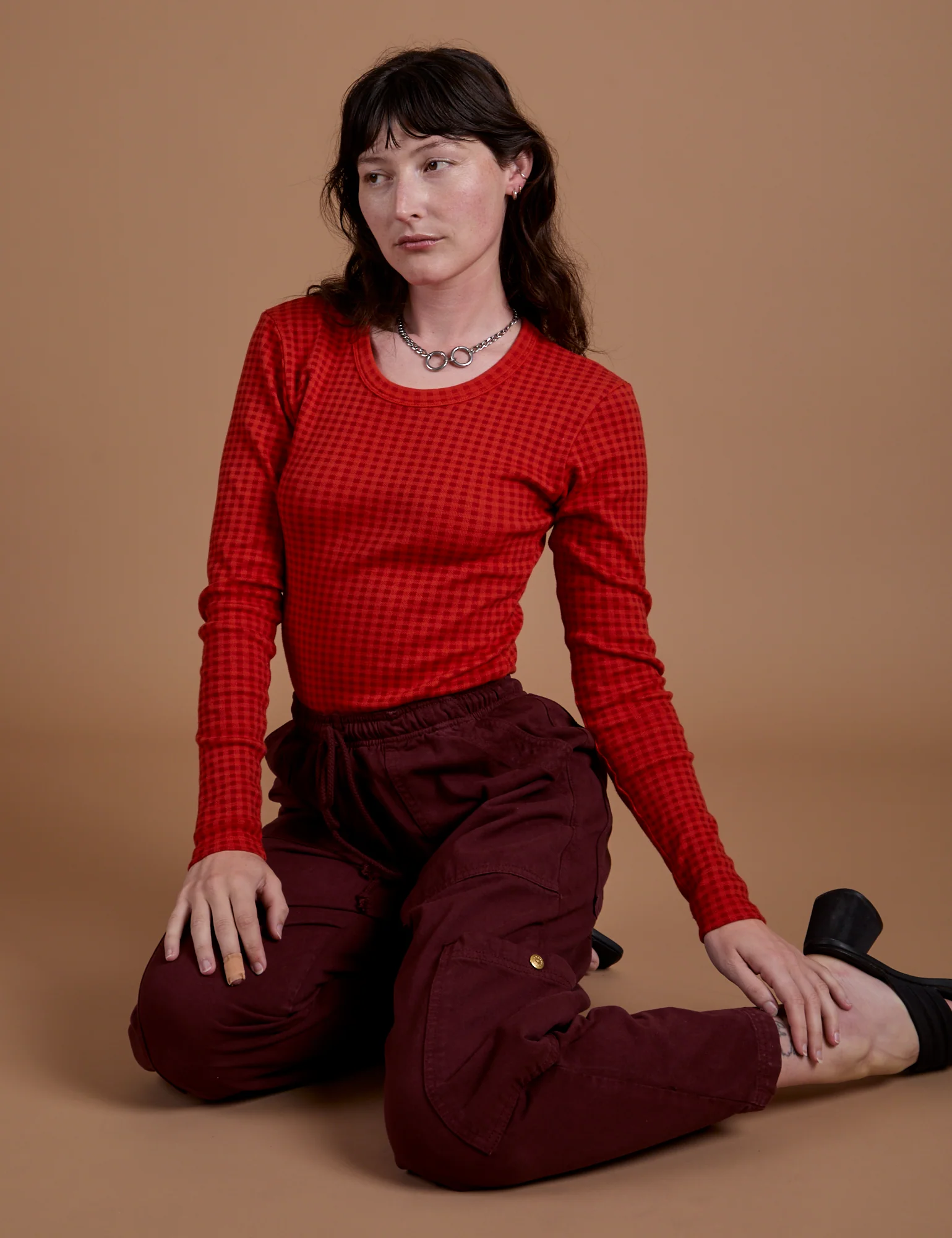 Gingham Long Sleeve Baby Tee - Mustang Red *FINAL SALE* - Image 12