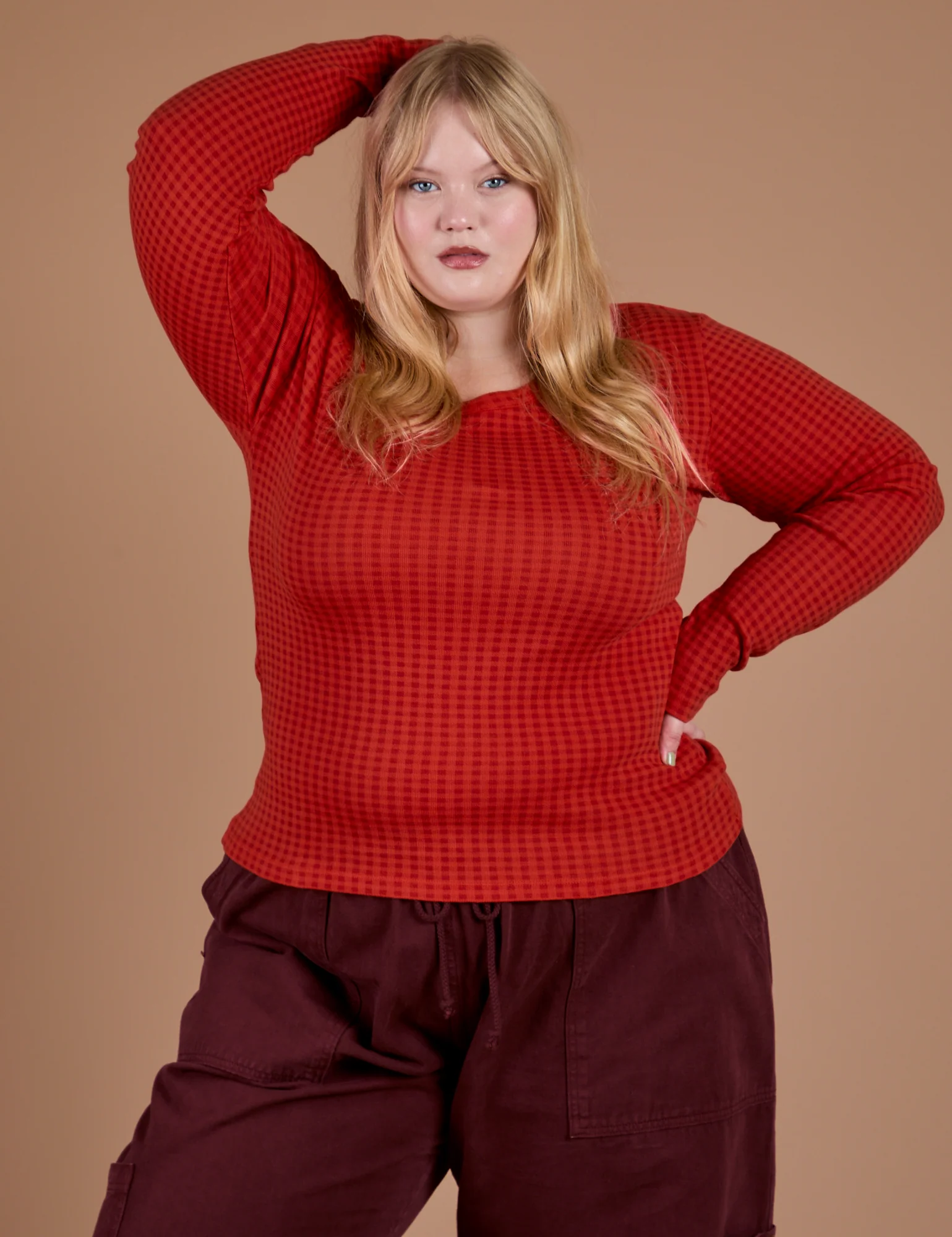 Gingham Long Sleeve Baby Tee - Mustang Red *FINAL SALE* - Image 13