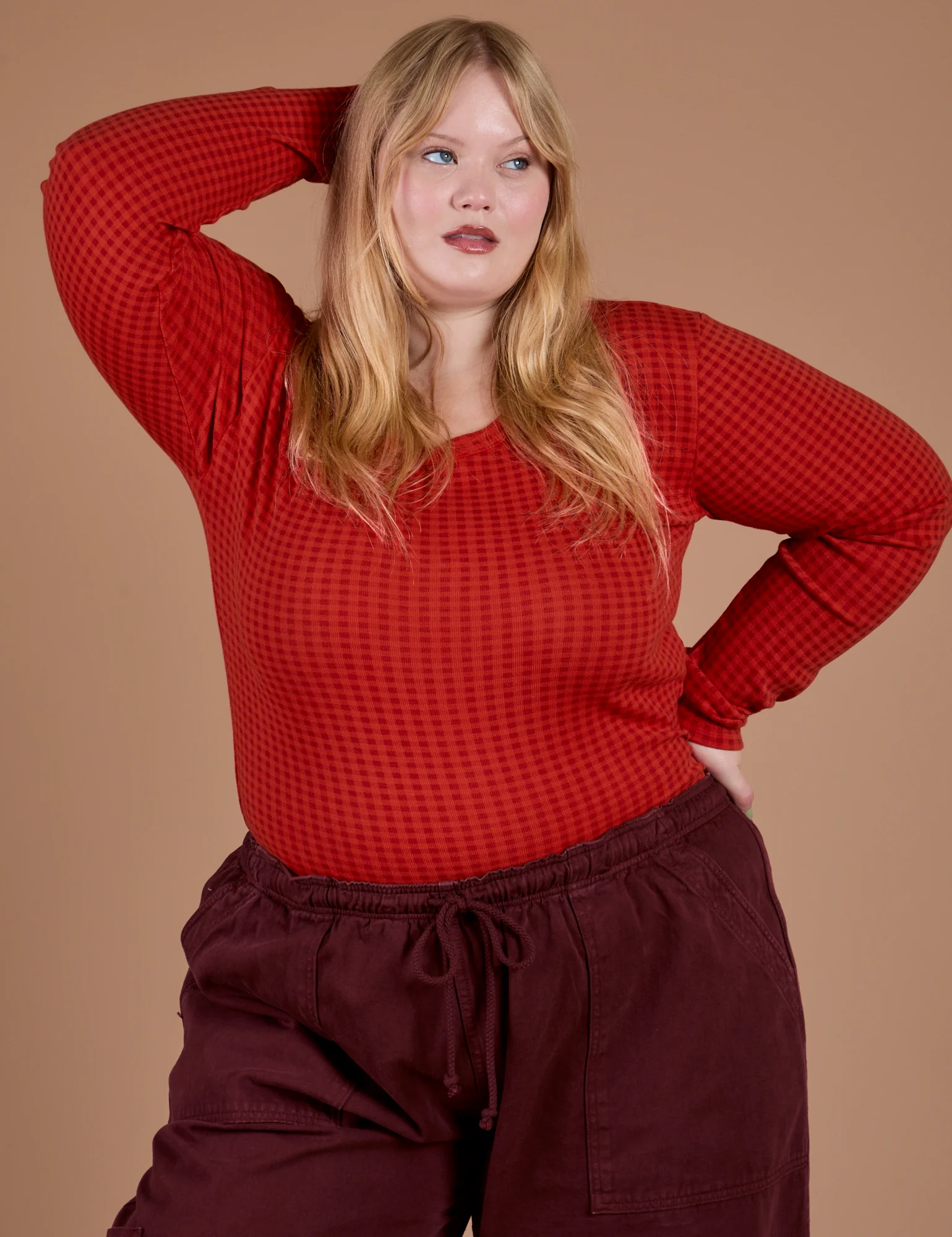 Gingham Long Sleeve Baby Tee - Mustang Red *FINAL SALE* - Image 17