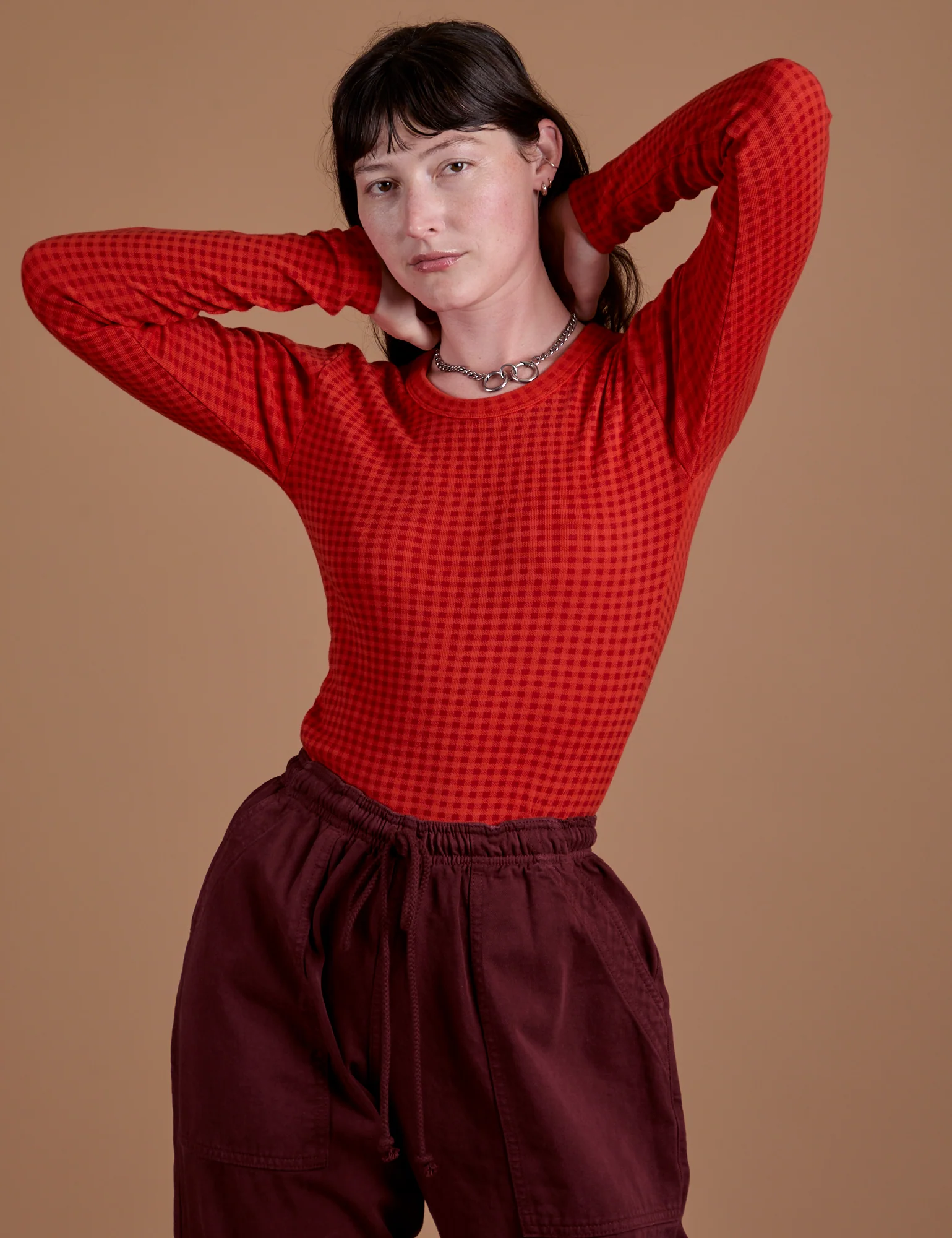 Gingham Long Sleeve Baby Tee - Mustang Red *FINAL SALE* - Image 5