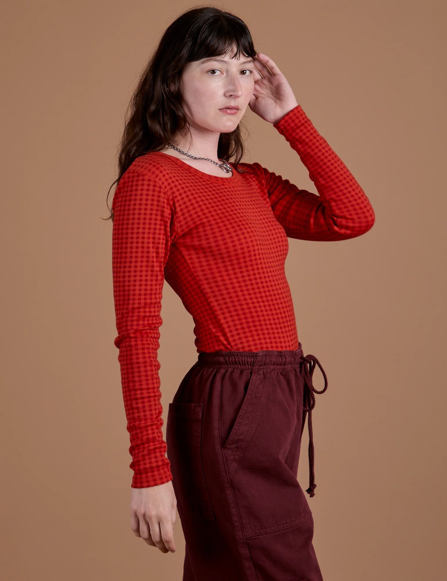 Gingham Long Sleeve Baby Tee - Mustang Red *FINAL SALE* - Image 7