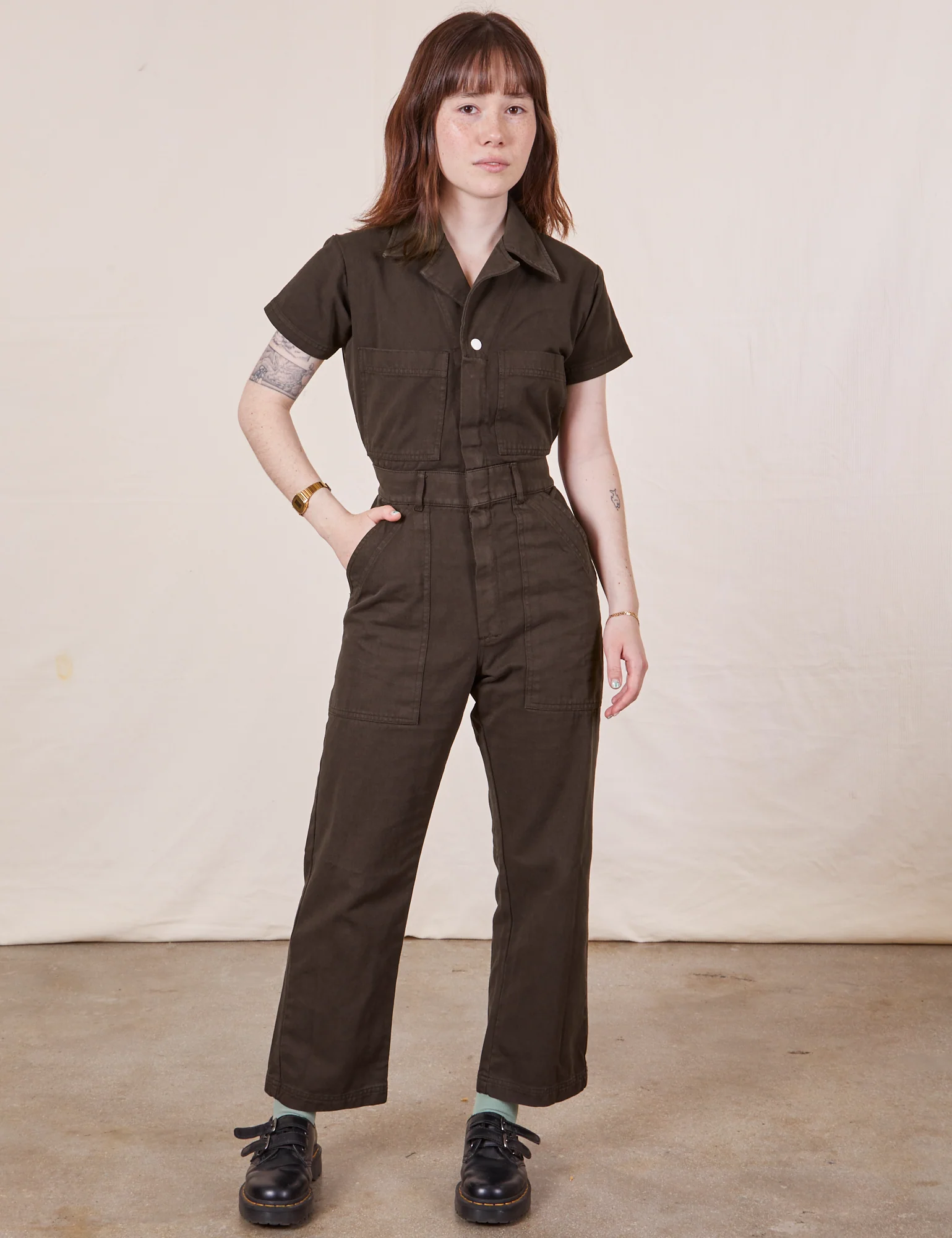 Petite Short Sleeve Jumpsuit - Espresso Brown - Image 12