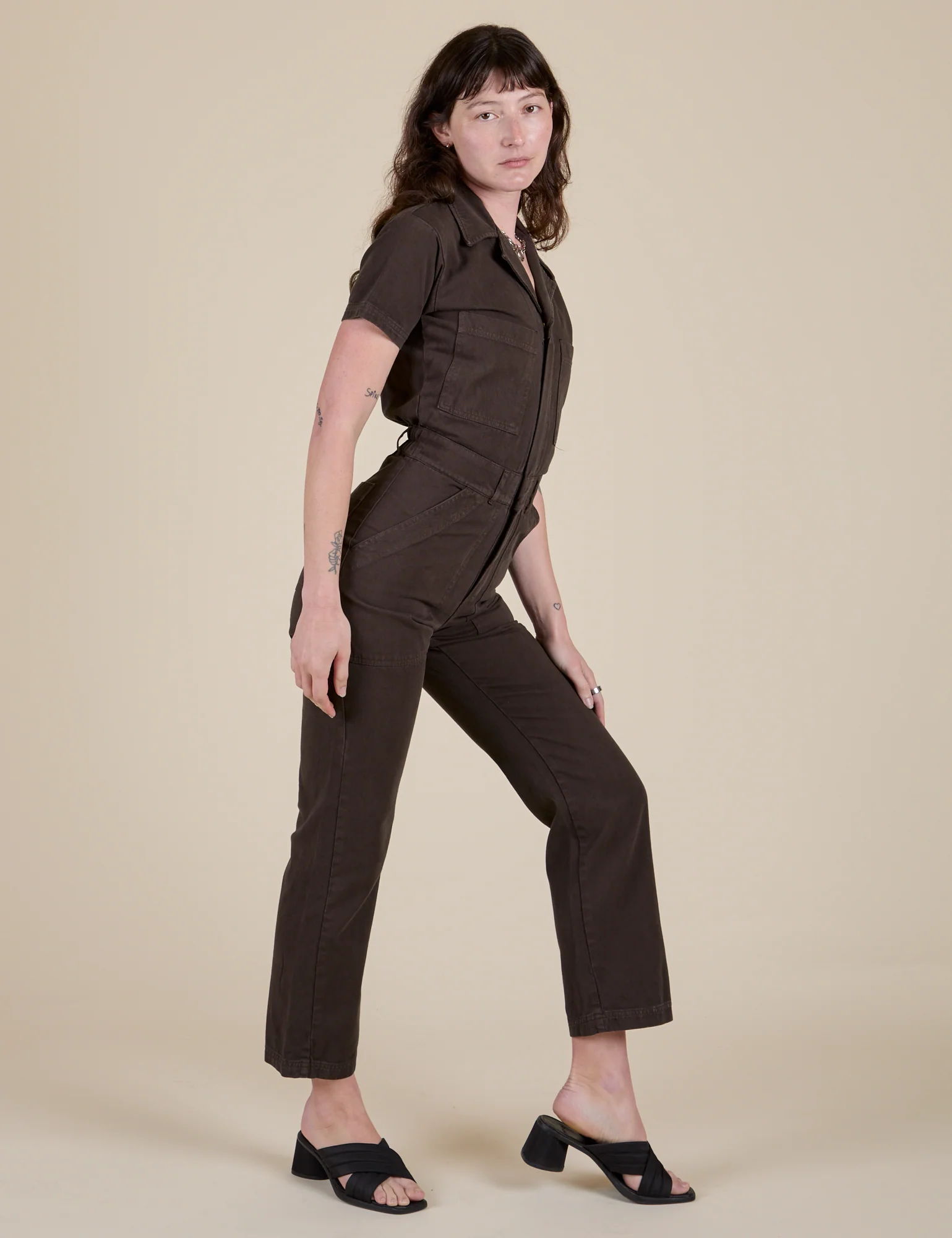 Short Sleeve Jumpsuit - Espresso Brown - Image 17